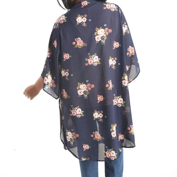 1x/2x New Plus Size Blue Floral Kimono - Picture 3 of 4